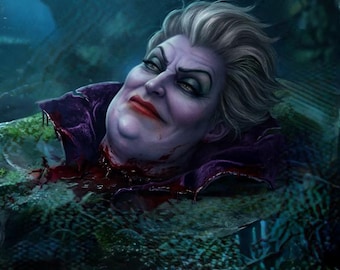 May include: Illustration of a severed head with pale skin, red lips, and gray hair. The head is surrounded by blood and a dark purple collar. The background is a dark, aquatic environment.