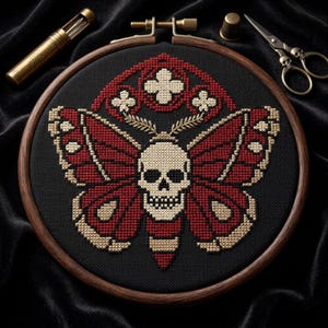 Puede incluir: Un bastidor de bordado circular de madera que contiene un diseño de punto de cruz de una polilla con un cuerpo en forma de calavera. La polilla presenta alas de color rojo intenso y beige sobre un fondo de tela negra con un arco gótico.