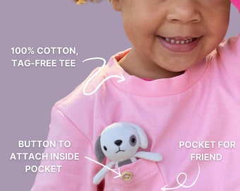 Kid's Pink Shirt with Mini Stuffed Animal for Tee Pocket - Perfect Holiday Gift - Pockimals - Little Animal-Unique Gift for Toddlers