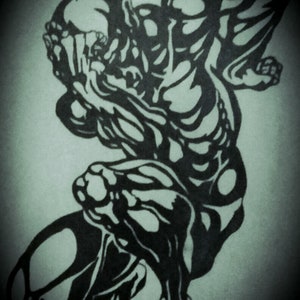 May include: A black and white illustration of a muscular figure in a kneeling position, with the head bowed and hands covering the face. The artwork has a strong contrast and a dramatic, shadowy effect.