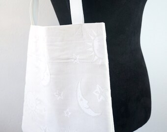 Cute White Tote Bag with Embossed Sun and Moon Characters