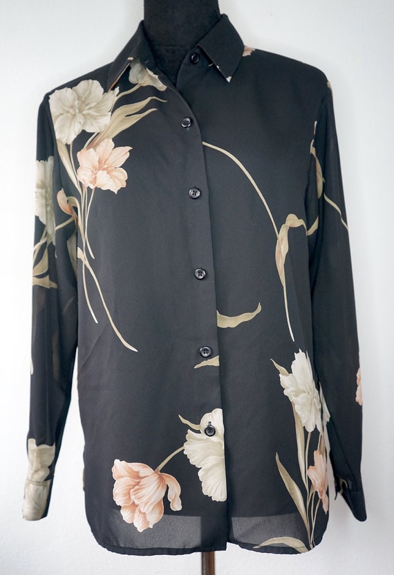 Pretty 1990s Black and Floral Blouse - image 1