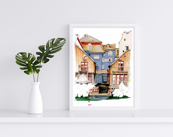 Facades Strasbourg Alsace sketches in ink and felt pens with alcohol - Art print by Elodie Brune