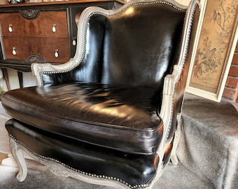 SOLD* Do NOT buy ** Example of work ** Vintage French Louis XVI Bergere, Winged Back, Genuine Leather Armchair