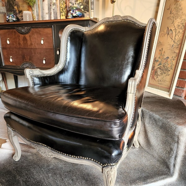 SOLD* Do NOT buy ** Example of work ** Vintage French Louis XVI Bergere, Winged Back, Genuine Leather Armchair