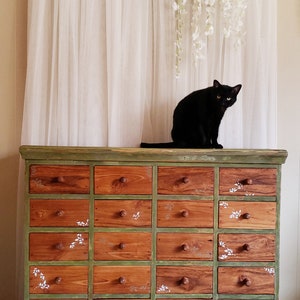 May include: A green painted antique dresser with 18 drawers, each with a white floral design. A black cat sits on top of the dresser.