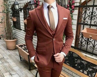 Men Three Piece Rust Colored Suit, Custom Made Wedding Suits, Bespoke Wedding Suit,  Bespoke Wedding Suits For Men