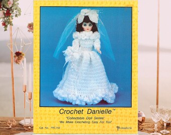 Vestido de boneca de 15 polegadas, padrões de crochê, vintage, Danielle