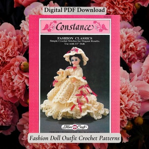 May include: A crochet pattern for a doll outfit. The pattern is for a 15-inch doll and features a white dress with pink ribbon accents. The pattern is titled "Fashion Classics" and is from FibreCraft.