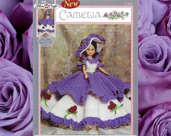 Vestido de boneca de moda de 15 polegadas, padrões de crochê, design exclusivo de camélia vintage