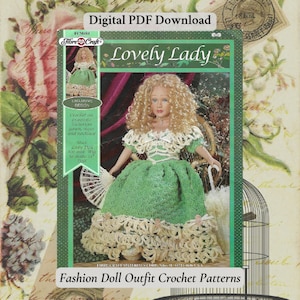Patrones de crochet para atuendos de muñecas de moda, vestido victoriano vintage encantador para dama, diseño exclusivo