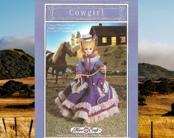 Moda Boneca Roupa Crochê Vestido Padrão Vintage Cowgirl