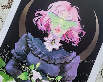 Luna Goddess Silver Foil Print, 11 x 14", Moon Mother with Moonflower Garden