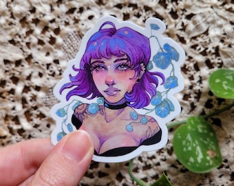 May include: A sticker featuring a digital illustration of a person with purple hair and blue eyes. The person is wearing a black choker and has a nose ring. The background is a white sticker with blue vines and leaves.