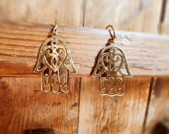 Fatima's Hand Brass Earrings, Hanging Earrings for You, Talisman Gift for You, Protection Symbol Jewelry, Boho Style Brass Earrings