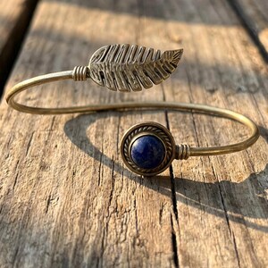 Handmade Gold Brass Cuff Blue Lapis Lazuli Boho Bracelet - Elegant Statement Gemstone Jewelry for Her