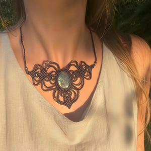 Violet Macrame Necklace – Large Radiant Labradorite Gemstone, Boho Statement Jewelry