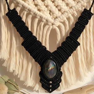 Black Macrame Necklace with Violet Labradorite: Handmade Boho Jewelry, Gift for Her