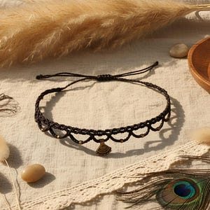 Macrame Choker with Triangle Brass Pendant – Minimalist Boho Necklace, Handmade in Brown or Black