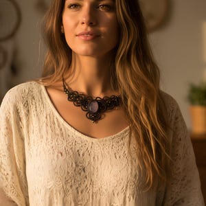 Rose Quartz Macrame Choker – Unisex Boho Micro Macrame Necklace, Gemstone Christmas Gift