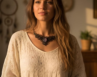 Rose Quartz Macrame Choker – Unisex Boho Crystal Healing Necklace, Handmade Gemstone Pendant Gift