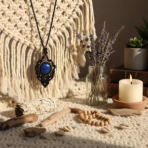 Micro Macrame Necklace with Blue Lapis Lazuli: Handmade Boho Healing Gemstone Jewelry