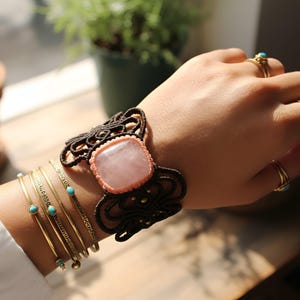 Large Brown Rose Quartz Macrame Bracelet – Geometric Handmade Gemstone Jewelry, Adjustable Healing Stone Bracelet