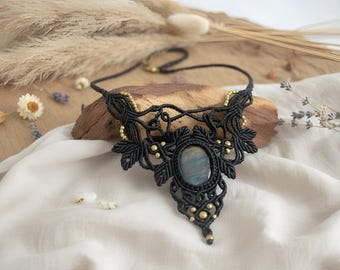 Black Macrame Statement Necklace – Tiger’s Eye & Gold Brass Beads, Handmade Boho Jewelry Gift