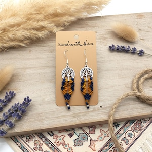 Boho Tree of Life Macrame Earrings – Colorful Micro Macrame Symbol, Brass Bohemian Statement Jewelry