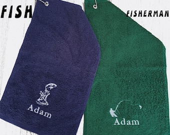 Personalized FISHING Towel with Clip: 100% Cotton Angler Gift Embroidered with Name