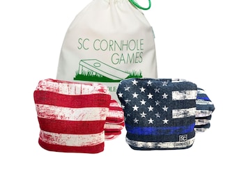 Cornhole Bags (Set of 8) Professional Slide/Stick  -Dual Sided Weather Resistant Pro - Thin Blue Line/Stripes - Free Shipping - USA/Patriot