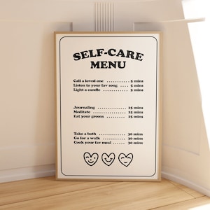 Self Care Menu Poster, Schwarz Weiß Wandkunst, Trendy Raum Dekor, Selbstliebe Poster, Ästhetische Wanddekoration, B&W Poster, Geschenk für Sie, Poster