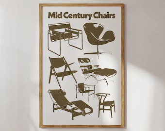 Mid century chairs, chair poster, wassily chair print, furniture design poster, iconic chair digital download wall art, midcentury download