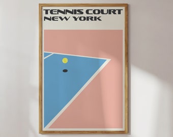 Tennis Court New York Poster, Trendiger Kunstdruck, Illustration 70x100 blau, Tennis Print rosa, Wanddeko 40x50, Wanddeko Sport 40x50 rosa