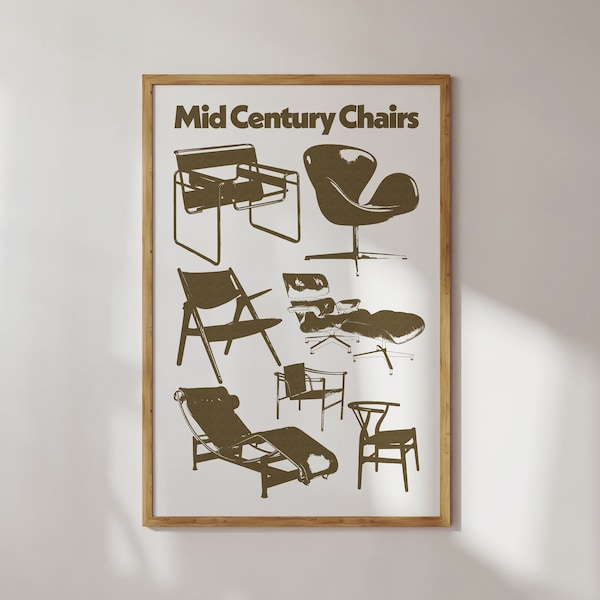 Mid century chairs, chair poster, wassily chair print, furniture design poster, iconic chair digital download wall art, midcentury download