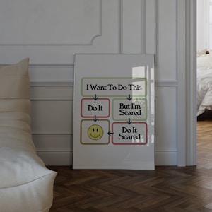 Op de afbeelding: Een ingelijste poster met een stroomdiagram. De tekst luidt "I Want To Do This", gevolgd door opties: "Do It" en "But I'm Scared", wat leidt tot "Do It Scared". Een gele smiley is inbegrepen.