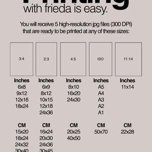 May include: A chart showing different print sizes in inches and centimetres. The chart includes standard sizes like 6x8, 8x10, 11x14, and A4, as well as custom sizes like 18x24, 24x30, and 22x28. The text "Printing with frieda is easy." is at the top of the chart.