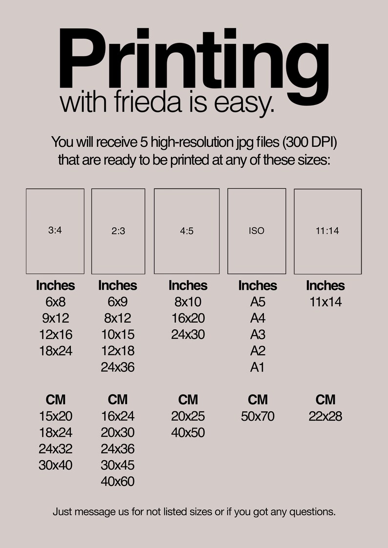 May include: A chart showing different print sizes in inches and centimetres. The chart includes standard sizes like 6x8, 8x10, 11x14, and A4, as well as custom sizes like 18x24, 24x30, and 22x28. The text "Printing with frieda is easy." is at the top of the chart.