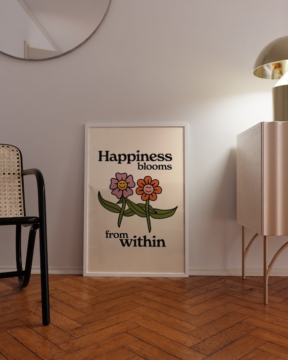 Happiness Print 50x70, Blumen Affirmation, Trendiger bunter Kunstdruck, Indie Wanddeko, Sommer Wandkunst 70x100, Spruch Poster bunt 40x50