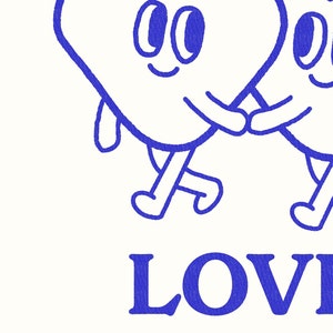 May include: Two blue cartoon hearts holding hands and walking, with the word "LOVE" written below them.