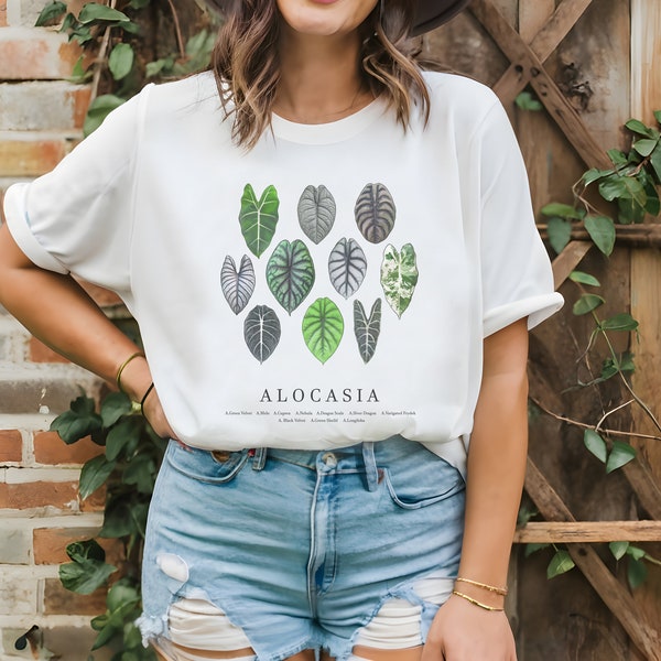 Alocasia plant varieties T-shirt, Urban Jungle, houseplant, sage green, aesthetic art print, botanical, gift for plant lover, UNISEX Shirt