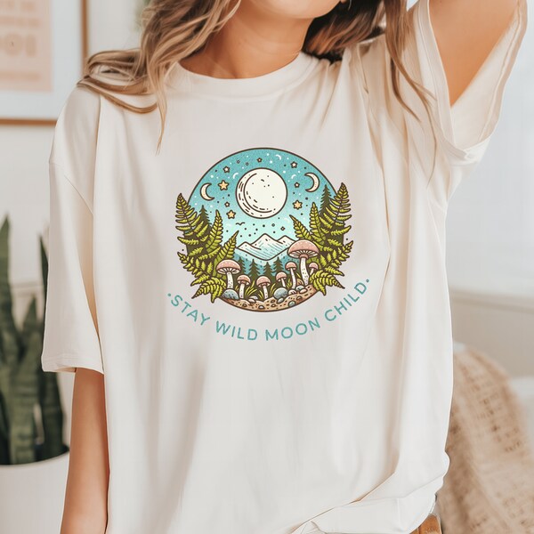 Stay wild moon child Shirt | fern moon mushroom cottagecore tee, nature mountains t shirt, wilderness clothing, celestial UNISEX Shirt