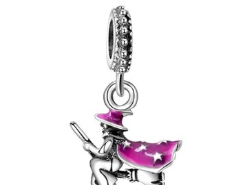 Halloween silver witch on a broom charm pendent