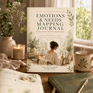 May include: A wellness workbook titled Emotions & Needs Mapping Journal with a cream cover featuring a watercolor illustration of a person writing at a desk, surrounded by botanical accents and text about self-understanding and emotional check-ins.
