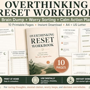 Overthinking Reset Workbook Printable, Brain Dump Journal, Worry Tracker, Anxiety Thought Worksheet, Calm Mind PDF