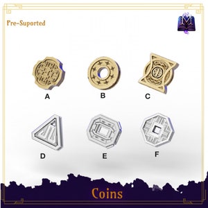 Può includere: Sei monete pre-supportate diverse con vari design. Le monete sono etichettate dalla A alla F. Le monete sono di colore oro e argento. Il testo "Pre-Supported" e "Coins" è visibile nell'immagine.