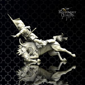 May include: A white painted figurine of a mounted warrior on horseback. The warrior is wearing a helmet and armor, and is holding a spear. The horse is rearing up on its hind legs. The figurine is set against a black background.