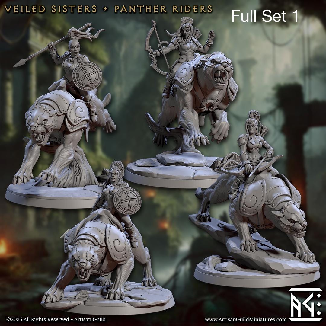 Panther Riders of the Sisterhood - Artisan Guild - Dungeons and dragons, Dnd, pathfinder, warhammer - 32mm Scale - 3D Printed