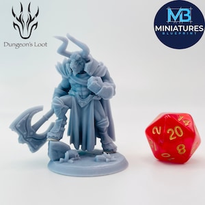 May include: A grey 3D printed miniature of a minotaur warrior holding an axe. The miniature is standing on a circular base. A red 20-sided die is in the background.