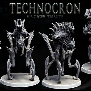 May include: A gray, detailed, articulated, 3D printed model of a creature with a biomechanical design. The model is posed in four different views. The model is titled "Technocron H.R. Giger Tribute".